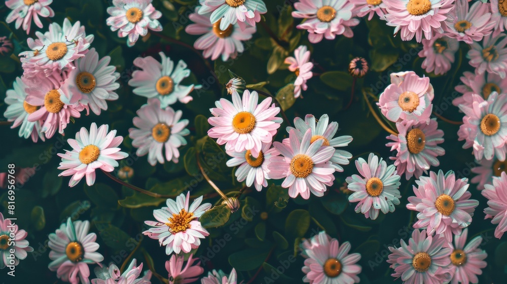 Poster Elegant Aerial View of Pink Daisies Displaying Symmetrical Geometric Patterns with Intricate Background Detail Under Soft Diffused Light