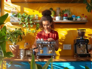 Biracial Teenage Girl Preparing Espresso in a Sustainable Home Coffee Station During Afternoon - Powered by Adobe