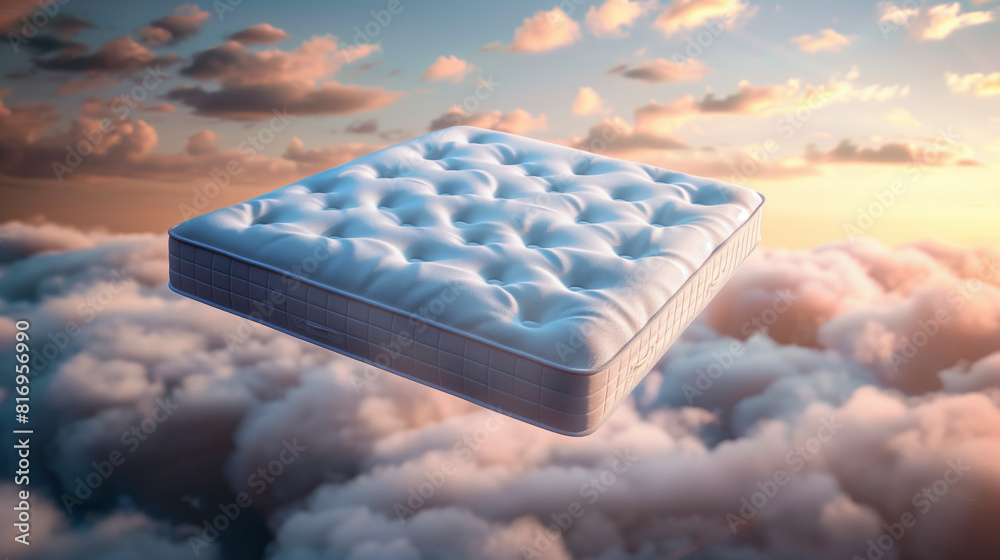 Sticker a comfortable mattress floating among soft, fluffy clouds against a backdrop of a serene sky during 