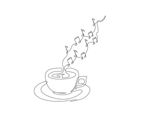 Continuous one line drawing of a cup coffee with music notes. A cup of coffee line art vector illustration, food and beverage concept. Editable stroke.
