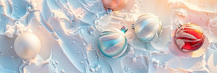 Cottagecore Christmas Scene with Pastel-Colored Ornaments on Tropical White Sand, Soft Sunny Lighting in Hyper-Realistic Style