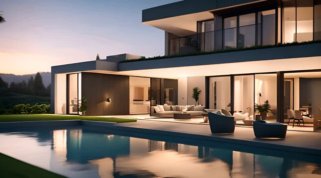Captivating Evening Ambiance of a Modern Cubic House with Pool and Enchanting Garden
