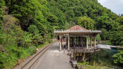  View from above of the Psyrtskha railway station in New Athos in Abkhazia. 