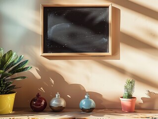 Charming Home Coffee Station with Rustic Wooden Counter, Empty Chalkboard, and Shadow Play in Warm Natural Light