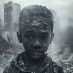 A sad black boy with dust on his skin at destroyed city after war