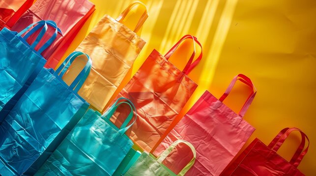 Vibrant, Eco-Friendly Reusable Shopping Bags Artistically Arranged to Promote Sustainability on International Plastic Bag Free Day - Powered by Adobe