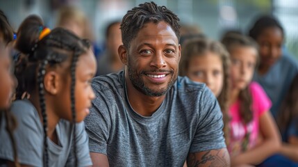Obraz premium physical education teacher instructing students during a gym class, emphasizing the importance of physical activity, fitness, and overall well-being.illustration image