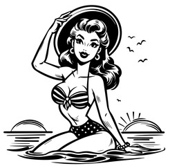 pinup girl, black vector illustration, pin-up woman silhouette comic character