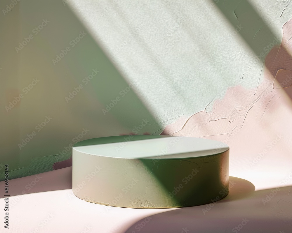 Poster minimalist mockup with round pastel green podium on soft pink background for product display under d