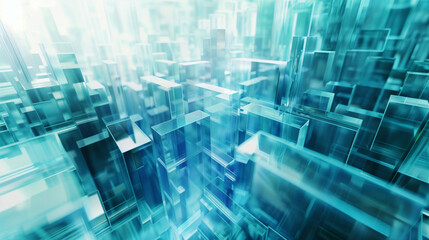 Obraz premium Abstract digital artwork showcasing a futuristic landscape of translucent rectangular structures with a blue-green color palette, resembling a crystalline cityscape.