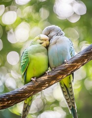 寄り添って眠る2匹のインコ