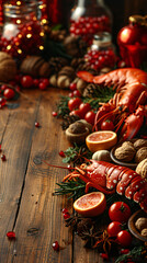 Top view of sea foods,super foods, in a wood table, empty space un the middle for text_2