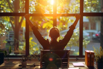 Silhouette of super happy woman sitting at desk with arms raised up in front of sunny window