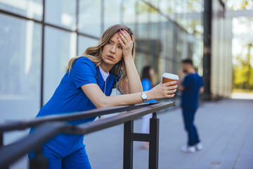 A weary Caucasian nurse in blue scrubs rests her head on her hand, holding a coffee cup, signaling...