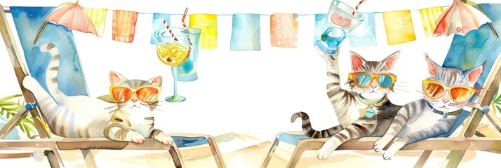 Cats in beach chairs with hanging clothes