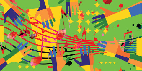 Music background with colorful G-clef, music notes and hands vector illustration design.