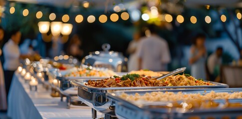 Close up of luxurious food on the table at a wedding party or corporate event, with chafing dishes...