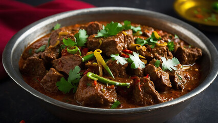 Fototapeta premium Fiery Beef Karahi with Vegetables and Spices: Authentic Pakistani Cuisine Concept Art