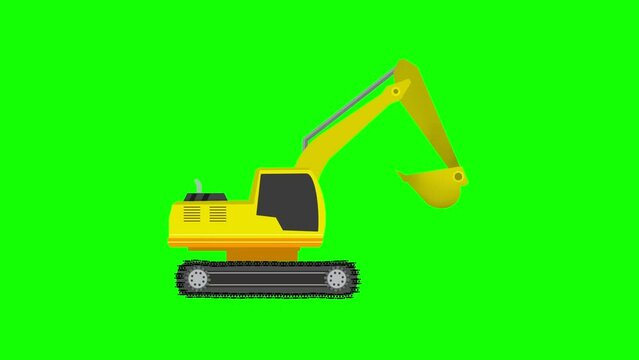Excavator, Backhoe digging, Construction machinery, tractor construction machinery orange color, heavy machinery, animation on green screen