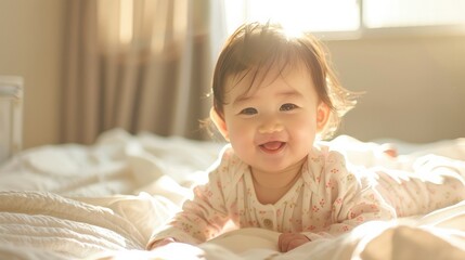 Charming baby girl on bed, embraced by soft sunlight, beaming with honest smile and playful vibes.