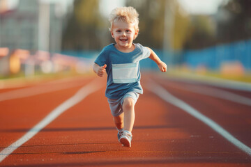 Little child running on athletic track