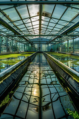 A dynamic image of the interior of an algae farm, emphasizing sustainable techniques and the nutritional potential of algae, under a reflective sky