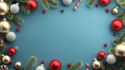 Festive Christmas background with pine branches, red, gold, and silver ornaments, and candy canes arranged around a blank blue center space.