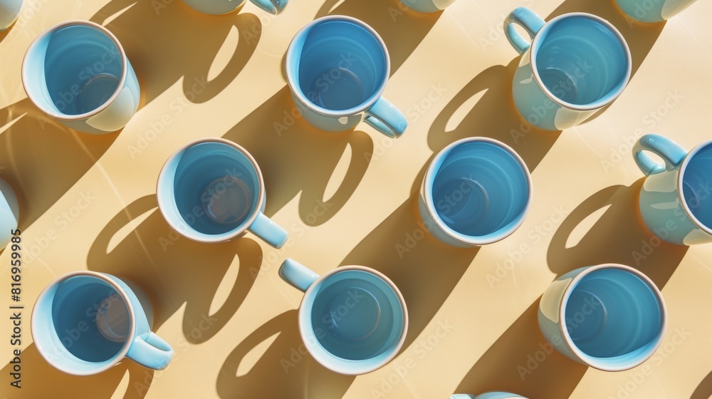 Poster sunny day display of pastel blue ceramic coffee cups on warm beige background with consistent spacin