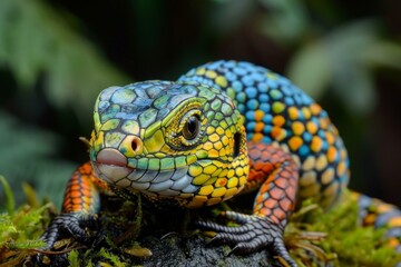 Fototapeta premium Vivid macro shot of a multicolored lizard resting on a green mosscovered substrate