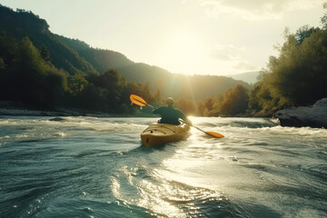 Rafting Extreme sport kayak sails mountain river with sun light, Whitewater kayaking