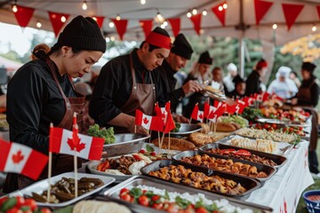 People in Canada preparing and enjoying traditional Canadian cuisine during a festive outdoor market