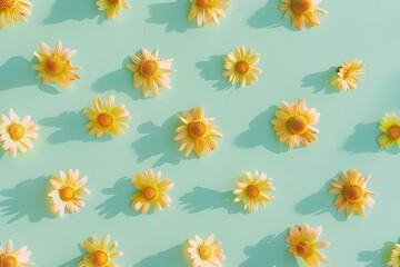 Obraz premium Bright and Cheerful Yellow Daisies on a Pastel Green Backdrop in a Sunlit Pattern Composition