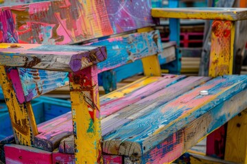 Fototapeta premium Vibrant handpainted benches and table set exhibiting a mix of colorful abstract patterns
