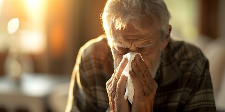 Elderly man rests at home sneezing into tissue receiving medical care. Concept Medical Care, Elderly Man, Sneezing, Home, Resting