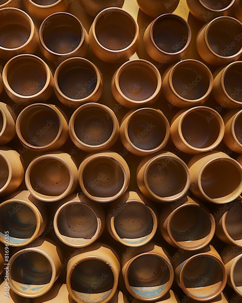 Poster intricate symmetrical pattern of ceramic cups from above: a study of geometric design and textural d