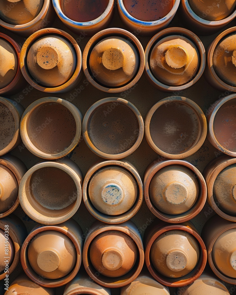 Poster warm light-infused aerial view of symmetrical light brown ceramic cups, emphasizing geometric patter