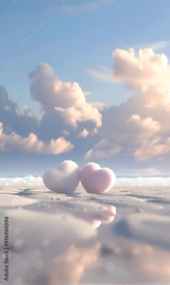 Wall mural Two hearts are on the beach, one pink and one white. The sky is cloudy and the beach is empty. Generative AI