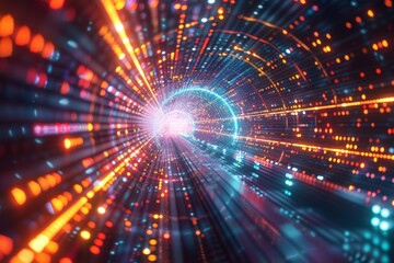Fototapeta premium Hyperspace tunnel made of streaming data and broadband signals, visualized as a vibrant, fastmoving light show in a dark void Highspeed, abstract 3D visualization