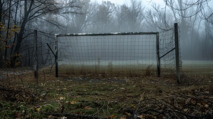 Spooky rusty gate in a foggy field