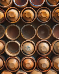 Warm Light-infused Aerial View of Symmetrical Light Brown Ceramic Cups, Emphasizing Geometric Patterns and Textured Background