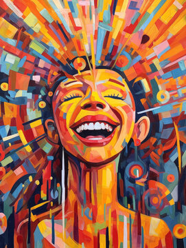 illustration of a delighted face of an extatic woman, gleaming with excitement and joy 