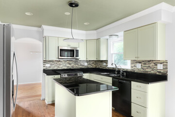A kitchen detail with sage green cabinets, a black marble countertop, tiled backsplash, and stainless steel appliances.