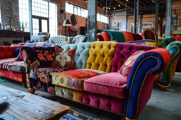 Vibrant array of eclectic patchwork upholstered sofas in a cozy vintage warehouse interior