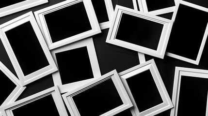 White picture frames scattered on black background, Generative AI
