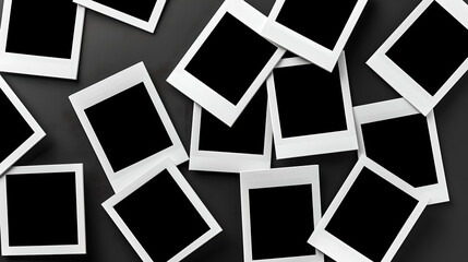 White polaroid frames scattered on black background, Generative AI