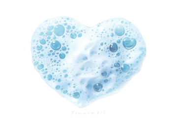 Foam with bubbles in form heart. Soap, shampoo, powder, gel for shave, foam mousse with bubbles template. Foam for hygiene, clean wash. Isolated on transparent background