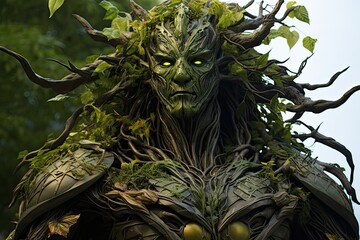 Fototapeta premium Close up of a statue depicting a mans face with trees sprouting from his features. Generative AI