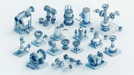A detailed technical drawing depicting various industrial components and mechanical parts, such as pipes, valves, pumps, and fittings, rendered in a wireframe design.