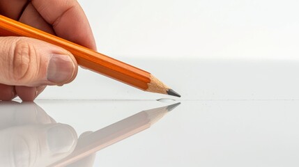 Back to School Concept: Hand Holding Pencil in Front of Mirror on White Background, Reflective Minimalism