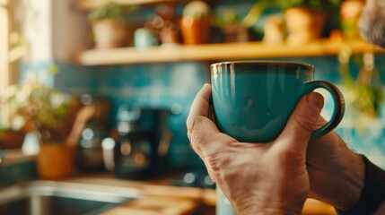 Middle-Aged Man Drinking from Turquoise Cup in a Blur of Warm-Toned, Cozy Kitchen Setting